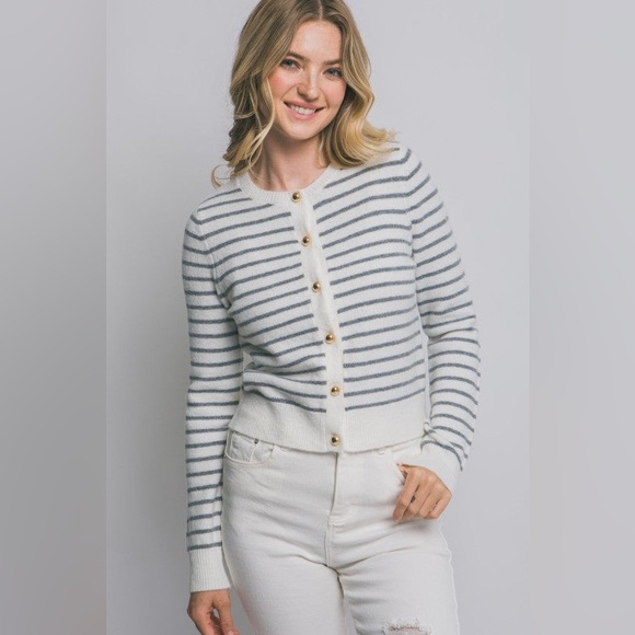 Striped Button-Up Women's Sweater - Picture 2 of 8